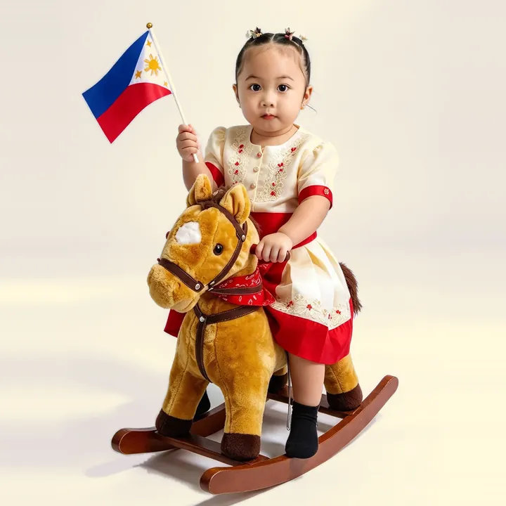 Toddler in a Filipiniana dress waving a Philippine flag while riding a plush rocking horse at Uplearning Playschool