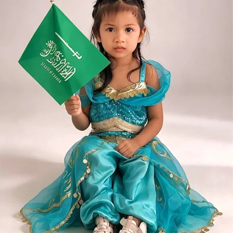 Preschooler in a teal Arabian-style costume sitting and holding a Saudi Arabian flag for United Nations Day